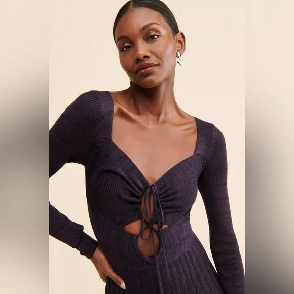 New! Free People Medium Lady Luck Knit Wide Leg Pleated Jumpsuit Purple NWOT - Picture 9 of 14